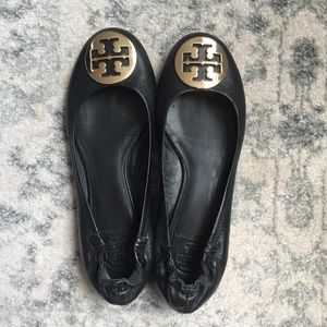 Tory Burch Leather Black Ballet Flats Gold 7.5M